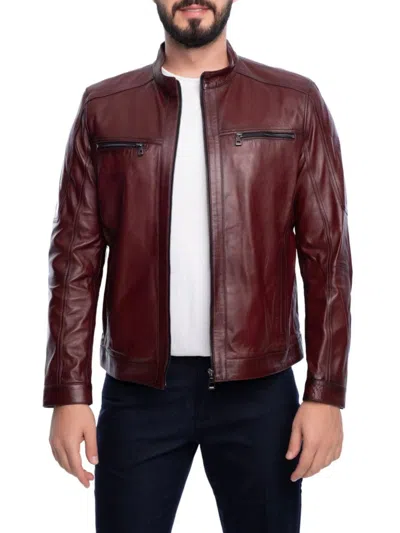 Vellapais Men's Leather Zip Biker Jacket In Burgundy