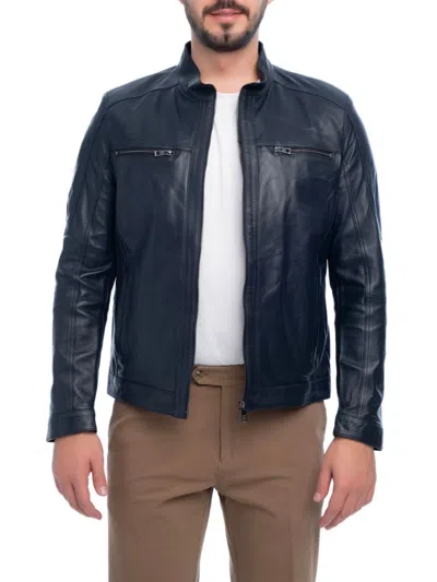 Vellapais Men's Leather Zip Biker Jacket In Navy Blue