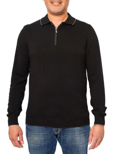 Vellapais Men's Quarter Zip Tipped Polo Sweater In Black
