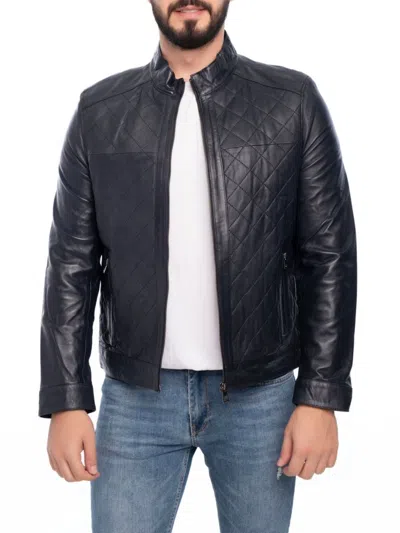 Vellapais Men's Quilted Leather Biker Jacket In Navy Blue