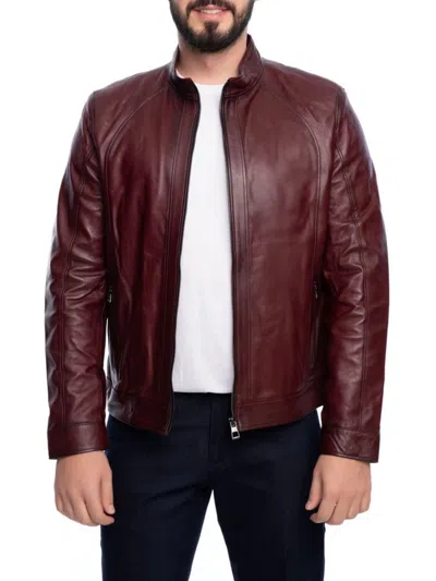 Vellapais Men's Stand Collar Leather Jacket In Beige