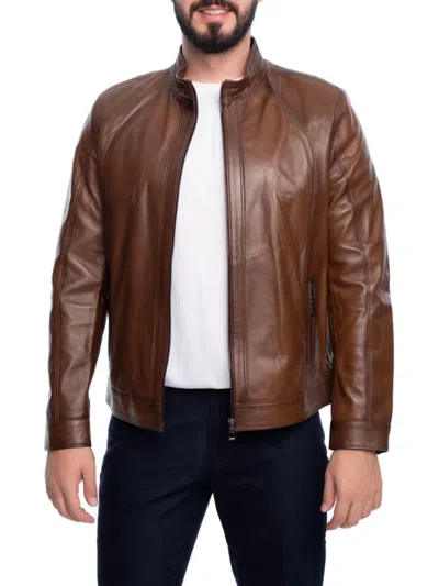 Vellapais Men's Stand Collar Leather Jacket In Brown