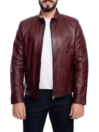 Vellapais Men's Stand Collar Leather Jacket In Burgundy