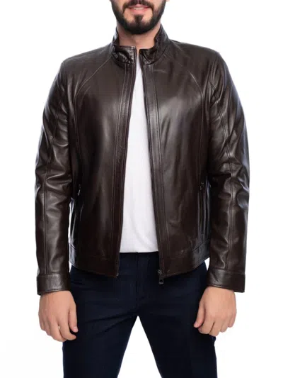 Vellapais Men's Stand Collar Leather Jacket In Dark Brown