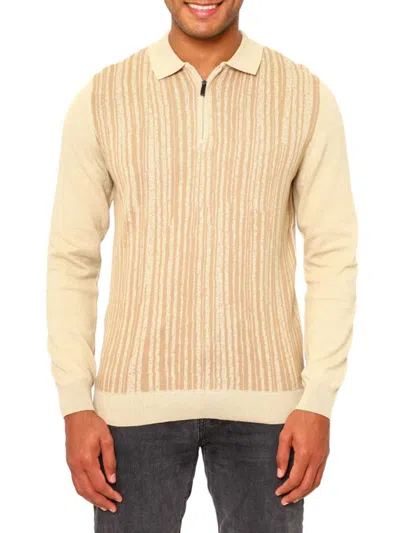 Vellapais Men's Stripe Quarter Zip Polo Sweater In Dark Beige