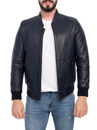 Vellapais Men's Textured Leather Bomber Jacket In Navy Blue