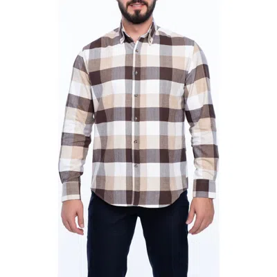 Vellapais Plaid Brushed Cotton Slim Fit Button Down Shirt In Dark Brown