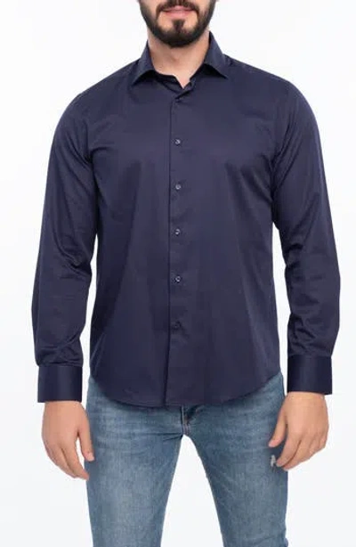 Vellapais Solid Cotton Slim Fit Button Down Shirt In Navy Blue