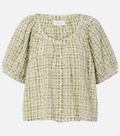 Velvet Angie Broderie Anglaise Cotton-blend Top In Green