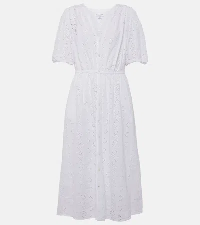 Velvet Broderie Anglaise Cotton Midi Dress In White