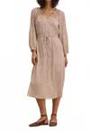 Velvet By Graham & Spencer Lima Printed Crinkle Cotton Gauze Midi Dress In Beige In Brown