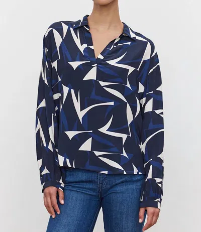 Velvet By Graham & Spencer Carah Printed Blouse In Navy/ Ecru