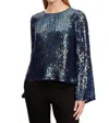 Velvet By Graham & Spencer Evie Sequin Long Sleeve Wide Neck Blouse In Baltic In Blue
