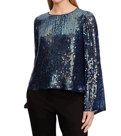 Velvet By Graham & Spencer Evie Sequin Long Sleeve Wide Neck Blouse In Baltic In Blue