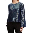 Velvet By Graham & Spencer Evie Sequin Wide Neck Blouse In Baltic In Blue