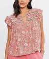 Velvet By Graham & Spencer Kenzie Printed Flutter Sleeve Top In Multi