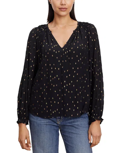 Velvet By Graham & Spencer Krista Womens Metallic Split Neck Blouse In Black