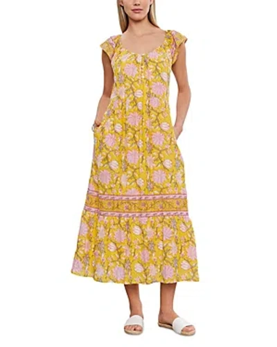 Velvet By Graham & Spencer Womens Floral Flutter Sleeves Sheath Dress In Yellow