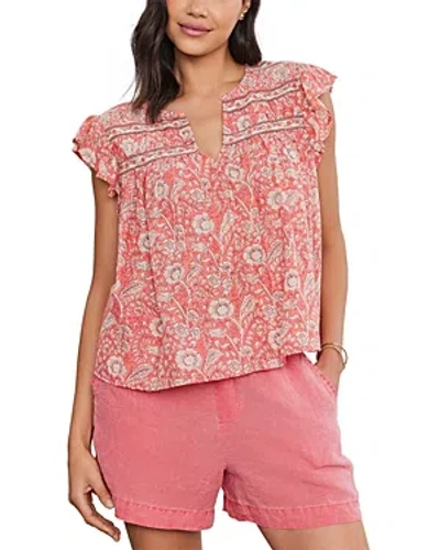 Velvet By Graham & Spencer Kenzie Printed Flutter Sleeve Top In Rouge