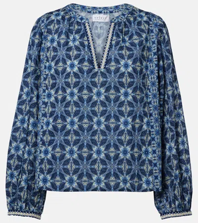 Velvet Claudie Printed Cotton Blouse In Blue