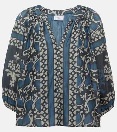Velvet Dayana Printed Cotton And Silk Blouse In Blue