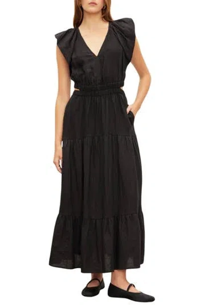 Velvet Ginger Linen Cutout Tiered Midi Dress In Black