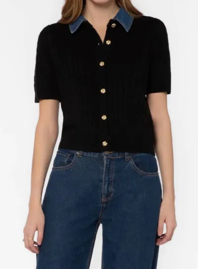 Velvet Heart Denim Trim Short Sleeve Cable Knit Buttoned Top In Black In Multi