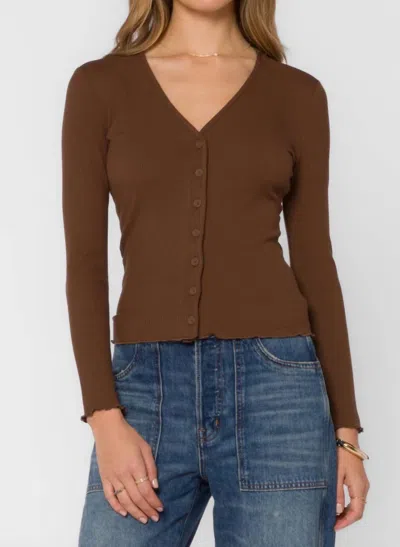 Velvet Heart Lettuce Hem Ribbed Fitted Cardigan In Brown