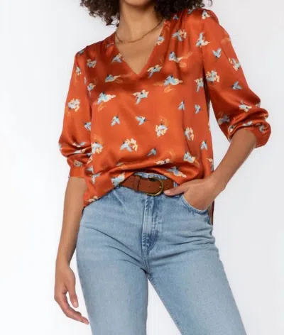 Velvet Heart Robyn Blouse In Rust Blue Cranes In Multi