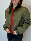Velvet Heart Ruching Sleeves Bomber Jacket In Olive Green