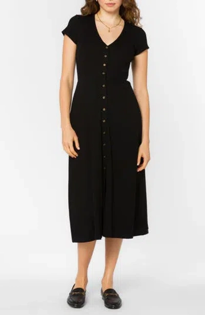Velvet Heart Short Sleeve Button Front Ribbed Midi Dress In Black