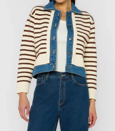 Velvet Heart Striped Jacket With Denim Sweater In Ivory/brown Stripe In Multi