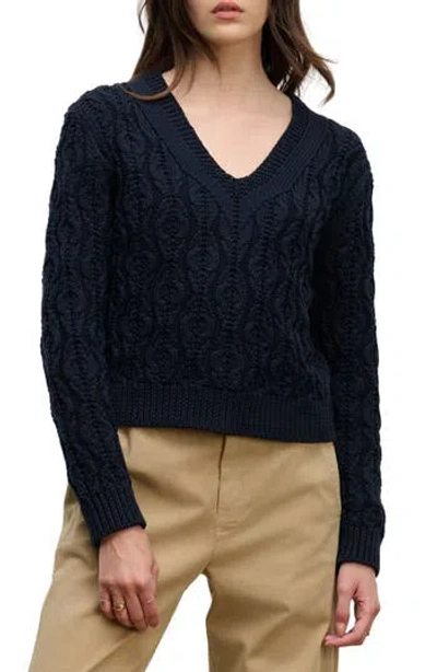 Velvet Joyce Cable Knit V-neck Sweater In Black