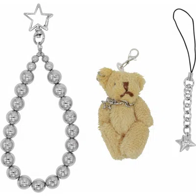 Velvet Luna Beaded Teddy Bear Phone Strap In Silver