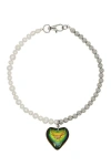 Velvet Luna Freshwater Pearl And Steel Bead Necklace With Heart Charm In Metallic