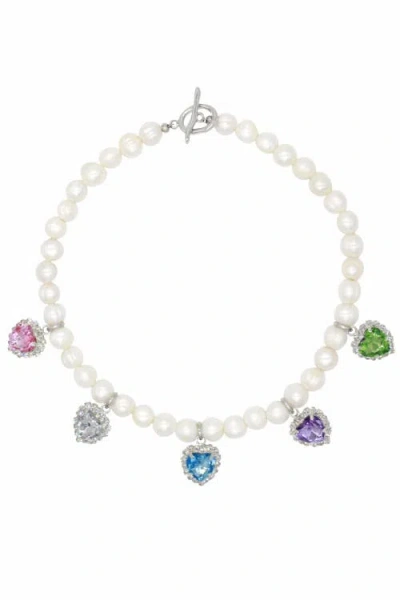Velvet Luna Freshwater Pearl Necklace With Multicolor Heart Charms In White