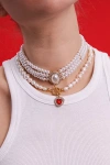 Velvet Luna Milena Freshwater Pearl Heart Necklace In Red, Women's At Urban Outfitters In White