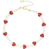 Velvet Luna Pearl Choker With Ceramic Hearts In Red
