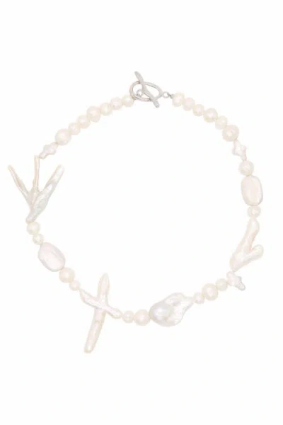 Velvet Luna Pearl Cross Necklace In White