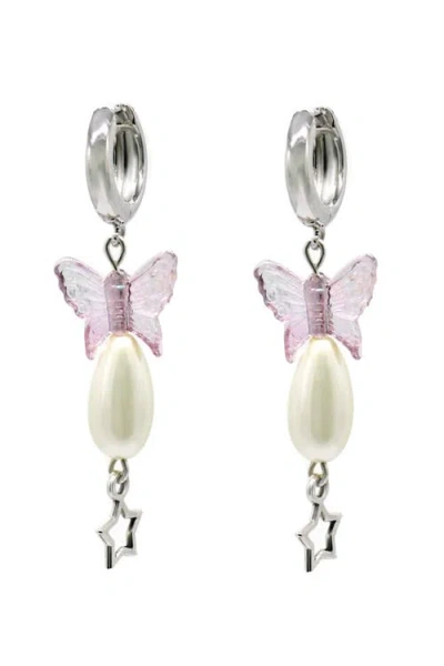 Velvet Luna Pearl Earrings With Butterfly Charm In Metallic