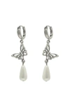 Velvet Luna Pearl Earrings With Butterfly Charm In Silver