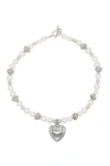 Velvet Luna Pearl Necklace With Steel Heart Charm In Metallic