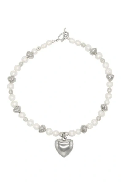 Velvet Luna Pearl Necklace With Steel Heart Charm In Metallic