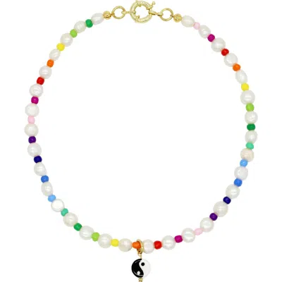 Velvet Luna Pearl Necklace With Yin Yang Charm In Multi