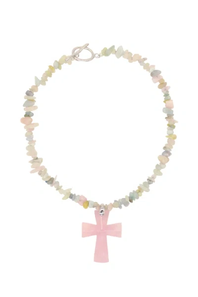 Velvet Luna Quartz Cross Pendant Necklace In Pink