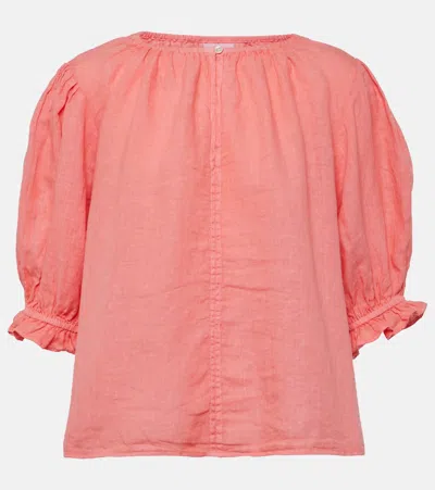 Velvet Puff-sleeve Linen Top In Pink