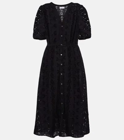 Velvet Rorio Embroidered Cotton Midi Dress In Schwarz
