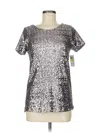 Velvet Short Sleeve Top Silver Metallic Pattern Scoop Neck Tops In Black