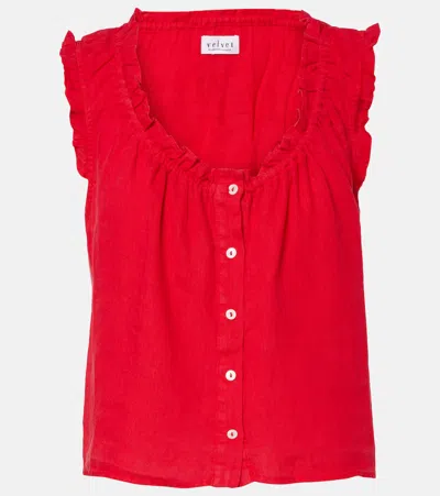 Velvet Tana Ruffled Linen Top In Red