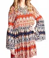 Velzera Boho Bell Sleeves Tunic Dress In Blue/red In Multi